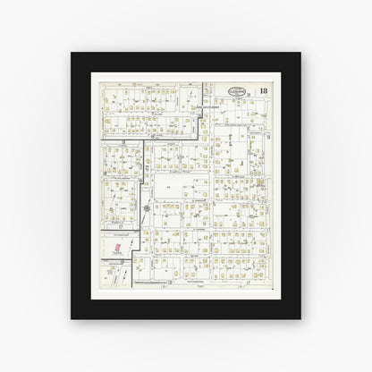 Old map wall art mockup — black gallery frame with white mat — Sanborn Fire Insurance Map from Cleburne, Johnson County, Texas (1918), Sheet #0018