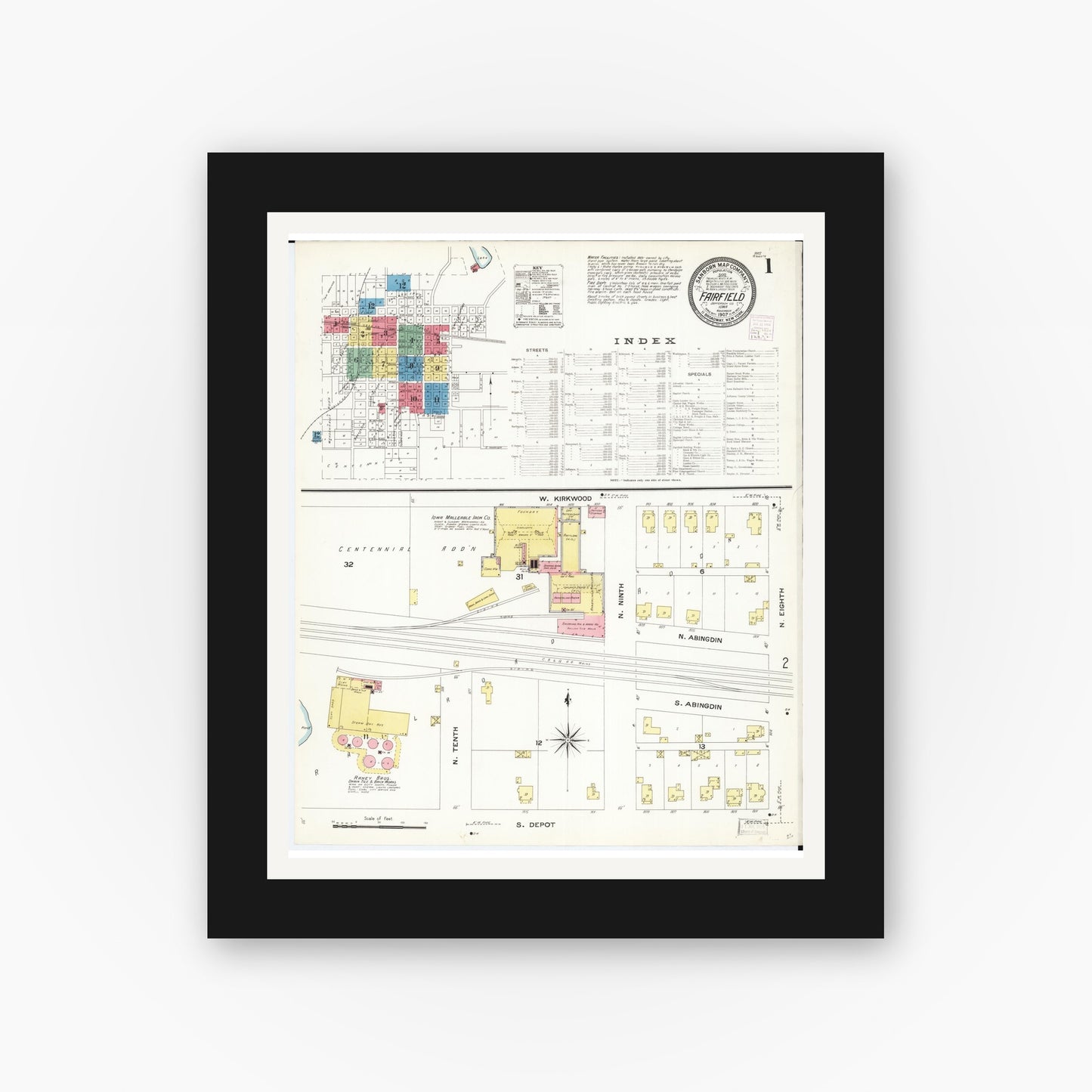 Old map wall art mockup — black gallery frame with white mat — Sanborn Fire Insurance Map from Fairfield, Jefferson County, Iowa (1907) â€” Complete Set