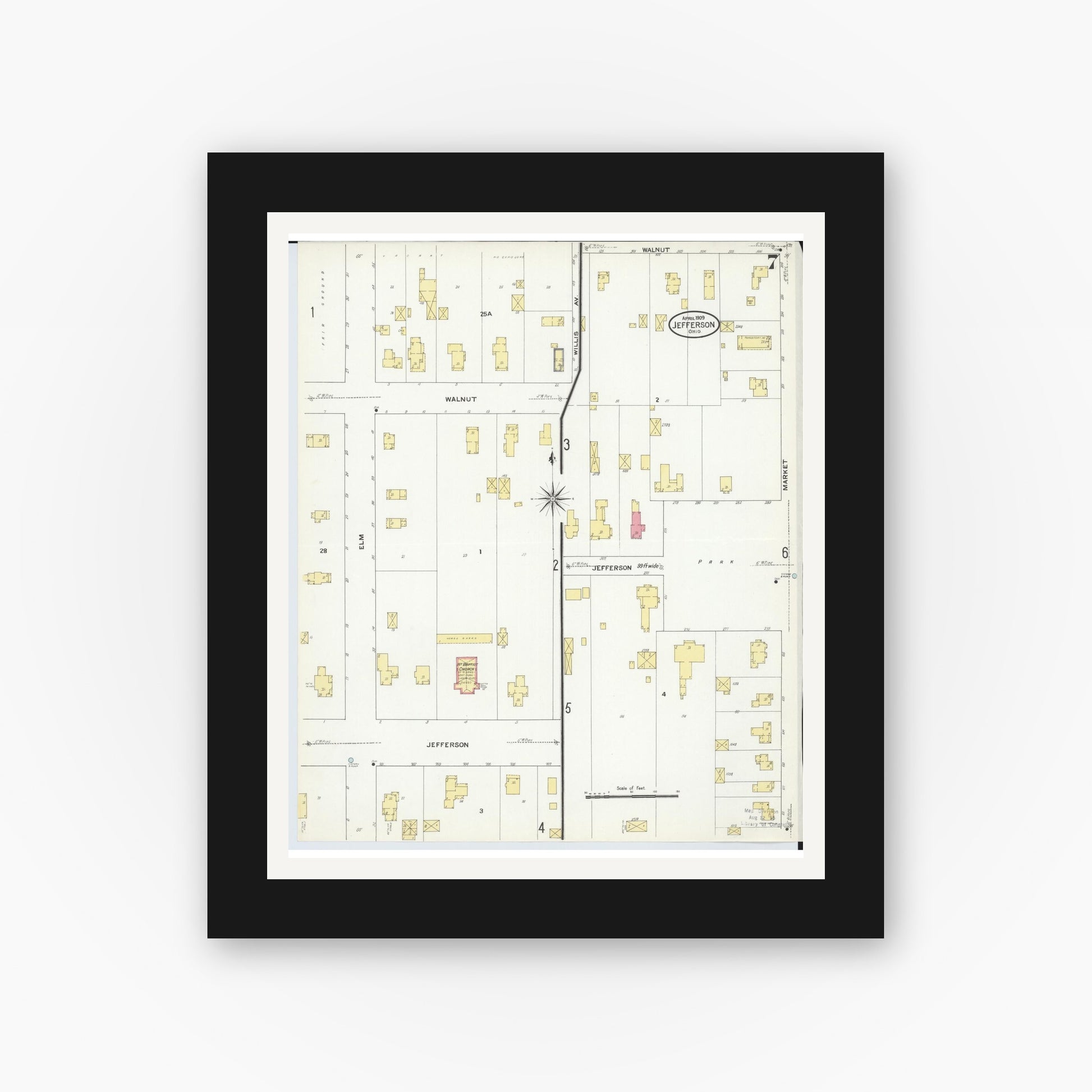 Old map wall art mockup — black gallery frame with white mat — Sanborn Fire Insurance Map from Jefferson, Ashtabula County, Ohio (1909), Sheet #0007