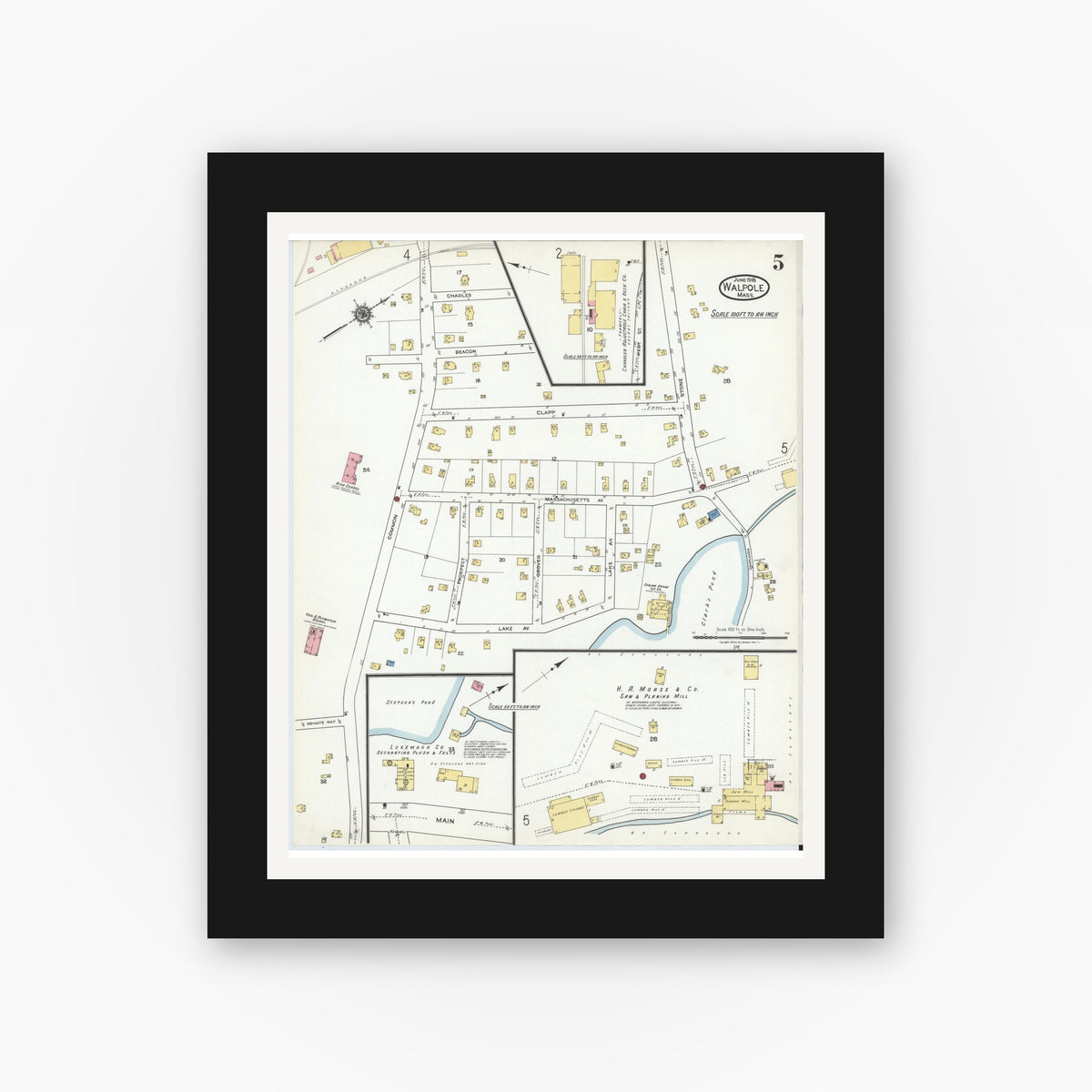Old map wall art mockup — black gallery frame with white mat — Sanborn Fire Insurance Map from Walpole, Norfolk County, Massachusetts (1918), Sheet #0005