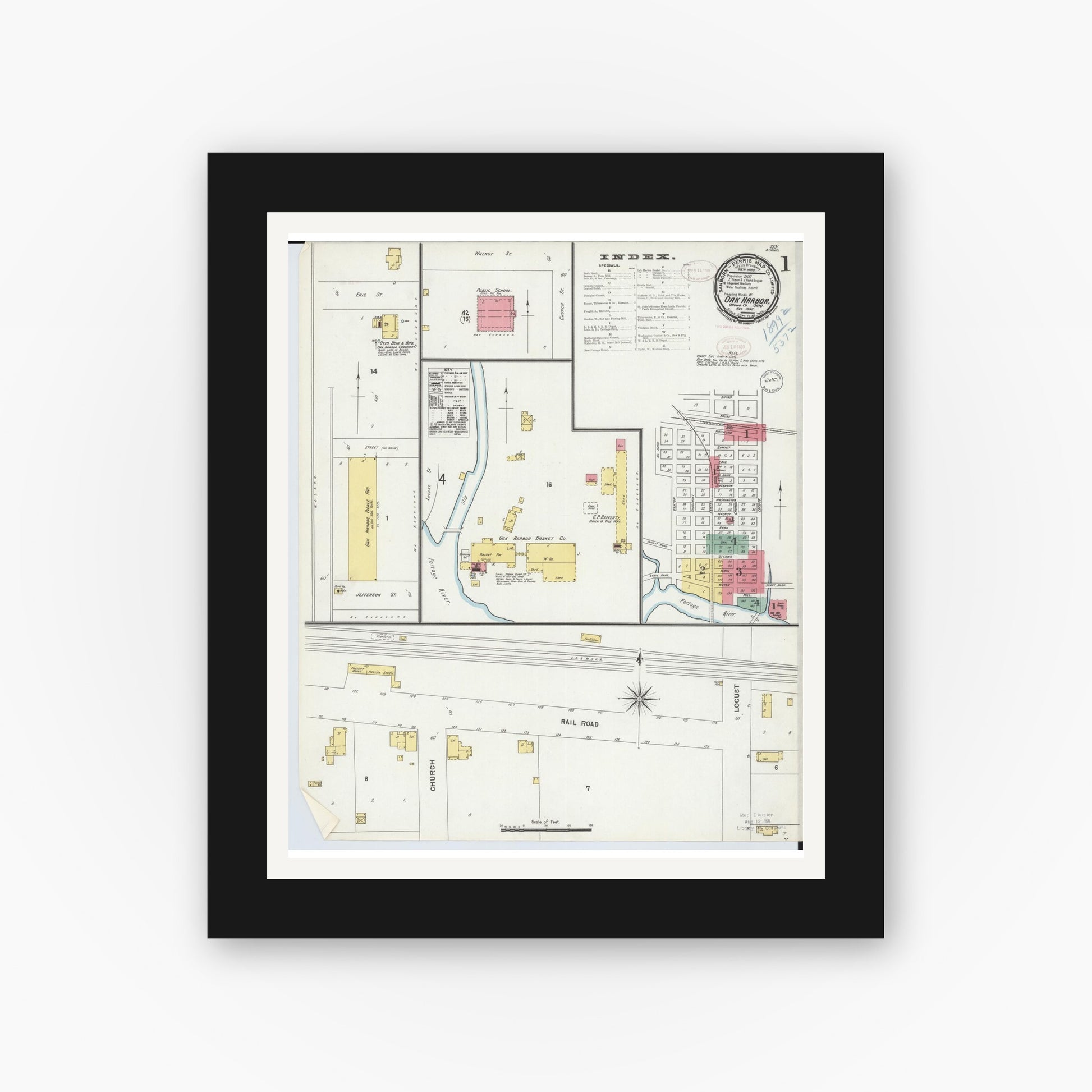 Old map wall art mockup — black gallery frame with white mat — Sanborn Fire Insurance Map from Oak Harbor, Ottawa County, Ohio (1898) - Complete Map Set