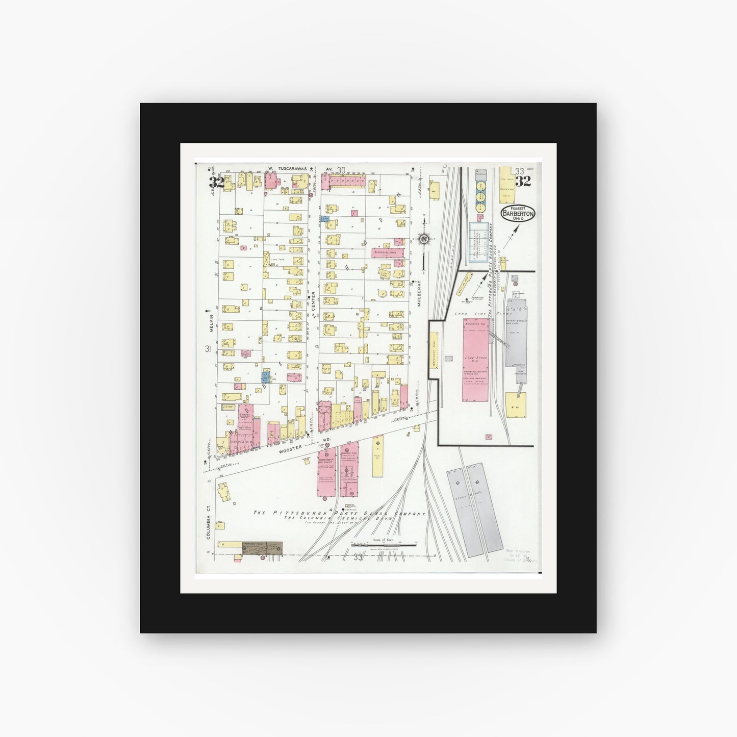 Old map wall art mockup — black gallery frame with white mat — Sanborn Fire Insurance Map from Barberton, Summit County, Ohio (1927), Sheet #0032