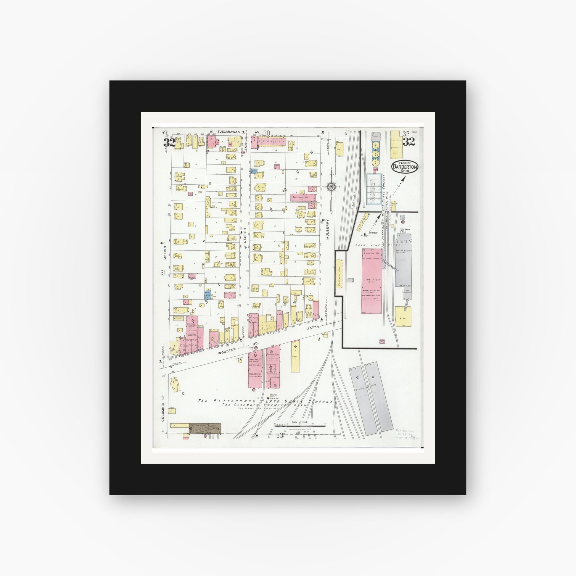 Old map wall art mockup — black gallery frame with white mat — Sanborn Fire Insurance Map from Barberton, Summit County, Ohio (1927), Sheet #0032
