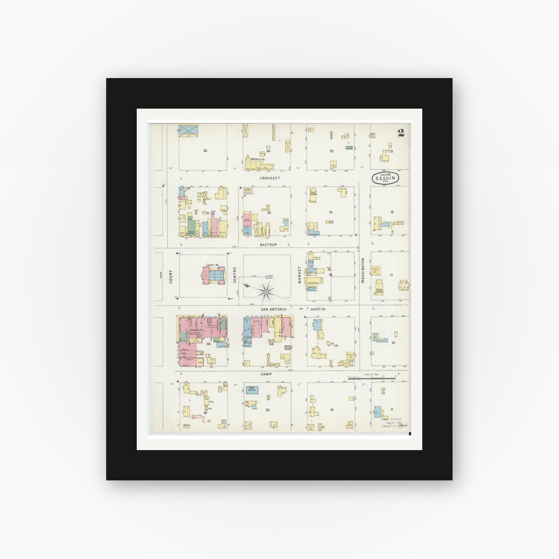 Old map wall art mockup — black gallery frame with white mat — Sanborn Fire Insurance Map from Seguin, Guadalupe County, Texas (1896), Sheet #0002