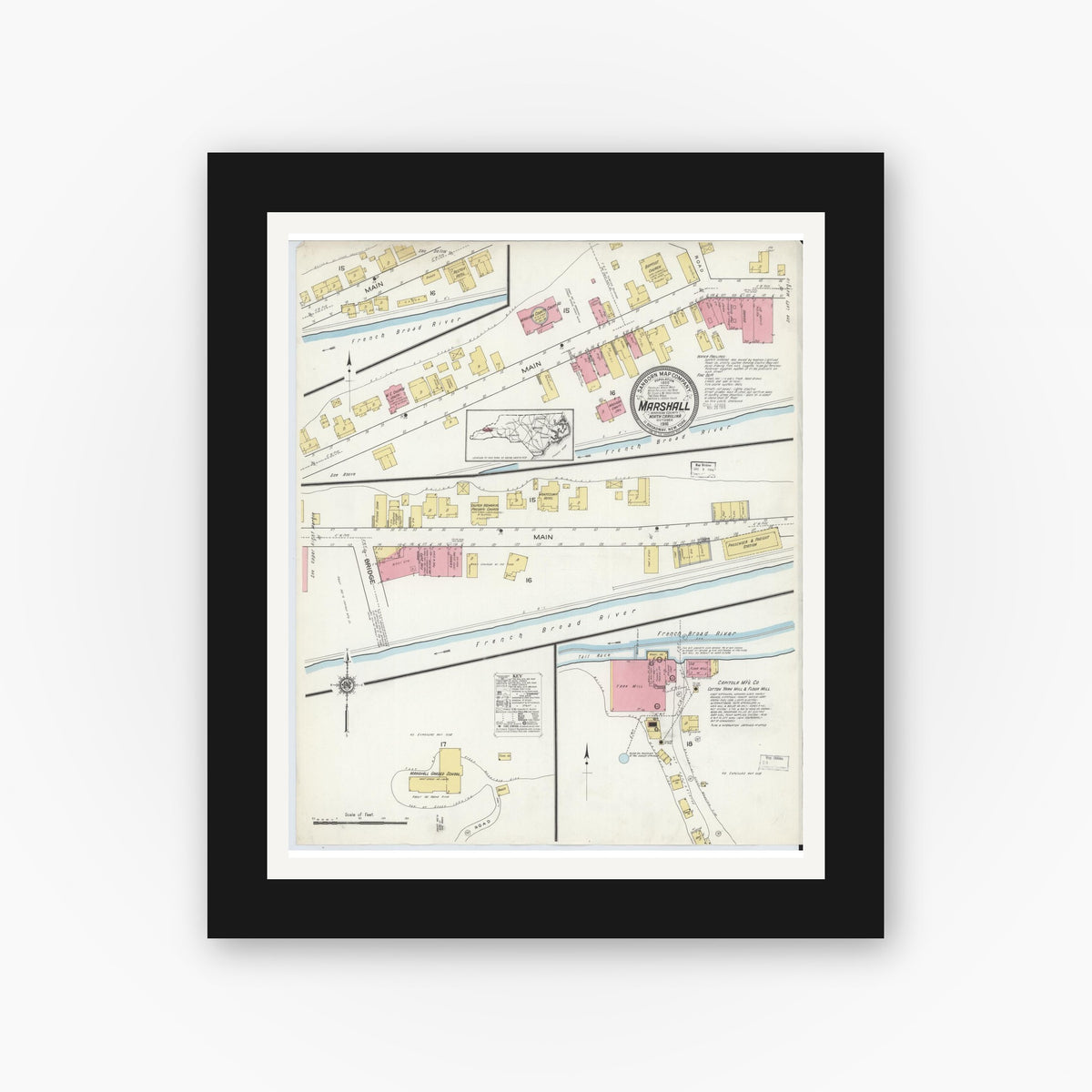 Old map wall art mockup — black gallery frame with white mat — Sanborn Fire Insurance Map from Marshall, Madison County, North Carolina (1916), Sheet #0001