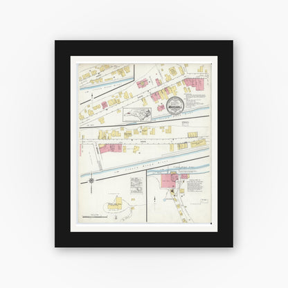 Old map wall art mockup — black gallery frame with white mat — Sanborn Fire Insurance Map from Marshall, Madison County, North Carolina (1916), Sheet #0001
