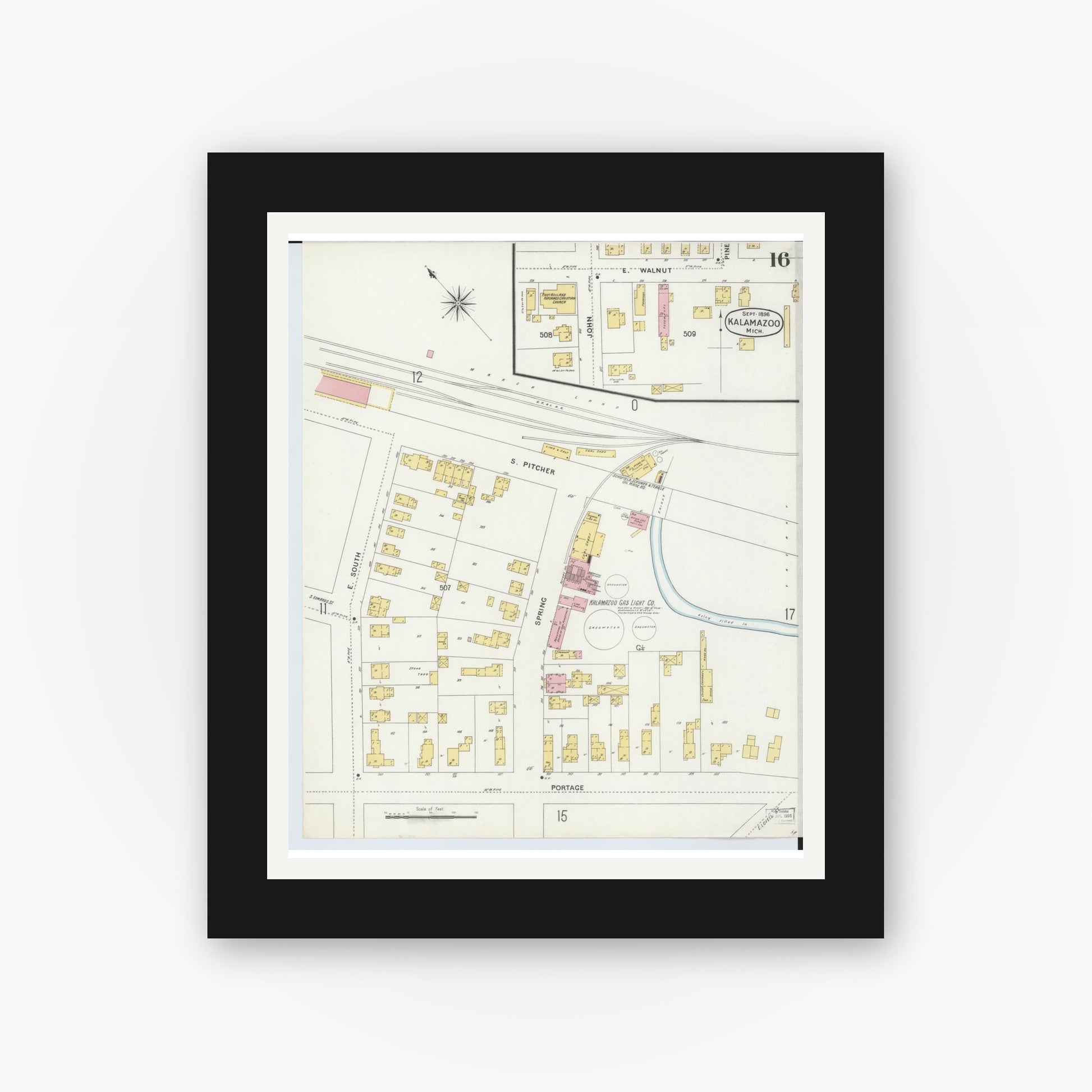 Old map wall art mockup — black gallery frame with white mat — Sanborn Fire Insurance Map from Kalamazoo, Kalamazoo County, Michigan (1896), Sheet #0016