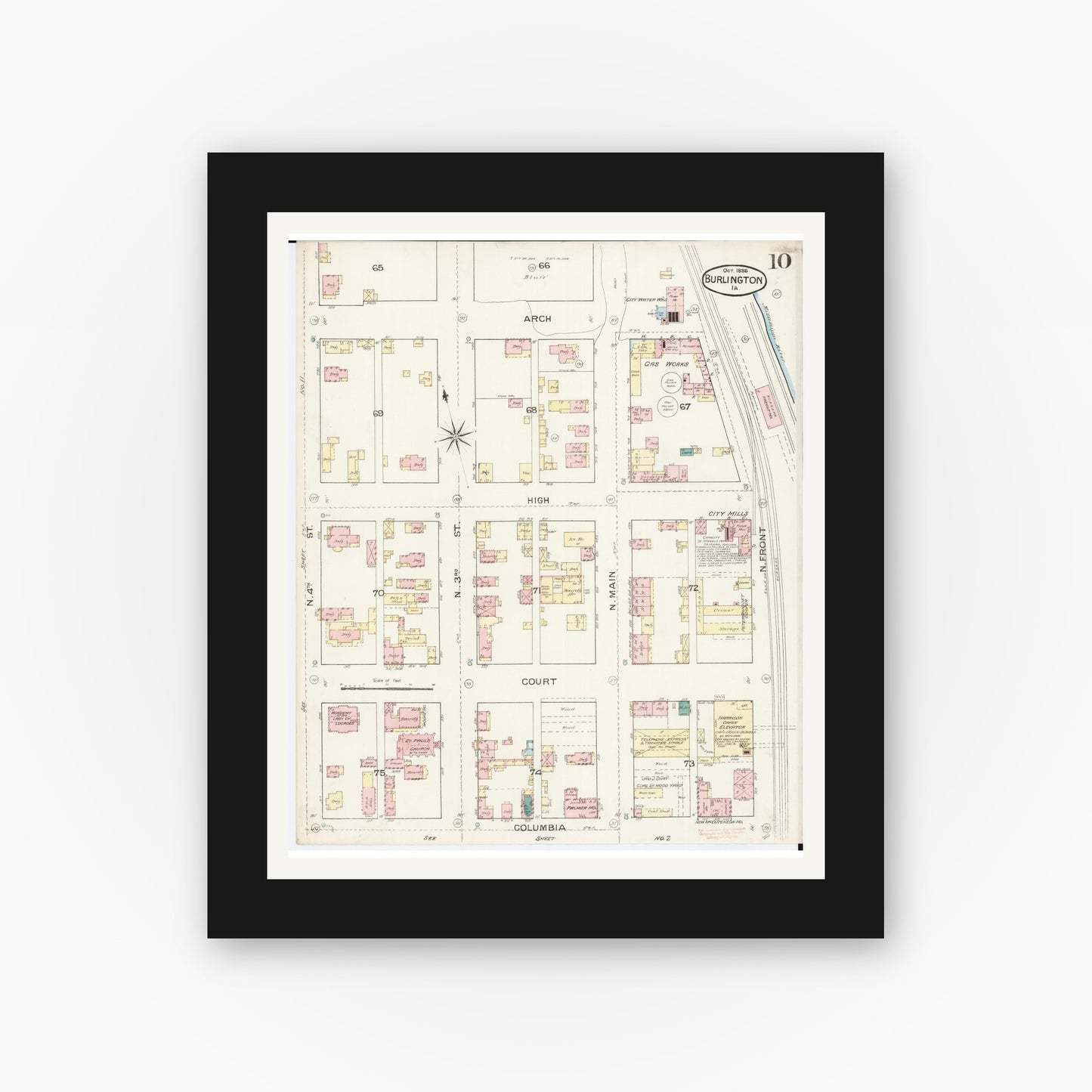Old map wall art mockup — black gallery frame with white mat — Sanborn Fire Insurance Map from Burlington, Des Moines County, Iowa (1888), Sheet #0010