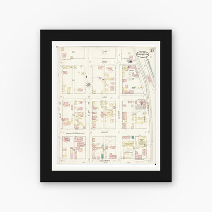 Old map wall art mockup — black gallery frame with white mat — Sanborn Fire Insurance Map from Burlington, Des Moines County, Iowa (1888), Sheet #0010