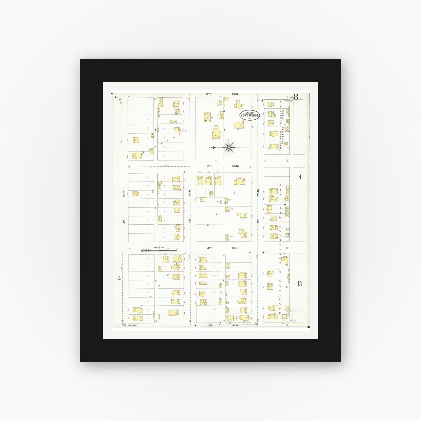 Old map wall art mockup — black gallery frame with white mat — Sanborn Fire Insurance Map from Fort Dodge, Webster County, Iowa (1907), Sheet #0008