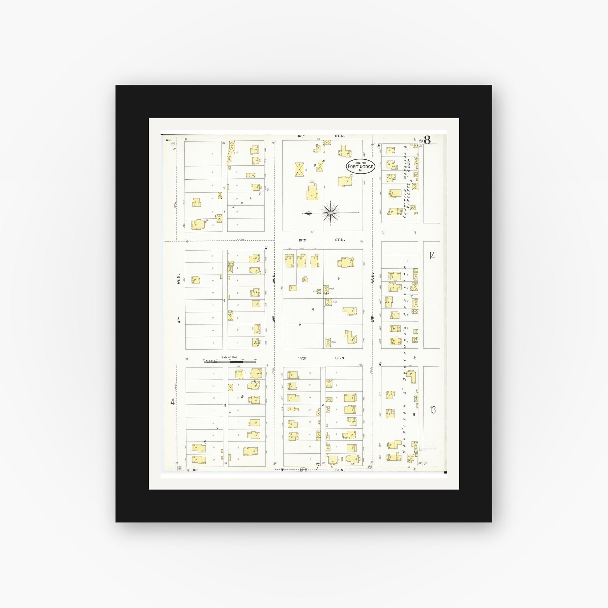 Old map wall art mockup — black gallery frame with white mat — Sanborn Fire Insurance Map from Fort Dodge, Webster County, Iowa (1907), Sheet #0008