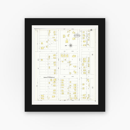 Old map wall art mockup — black gallery frame with white mat — Sanborn Fire Insurance Map from Fort Dodge, Webster County, Iowa (1907), Sheet #0008