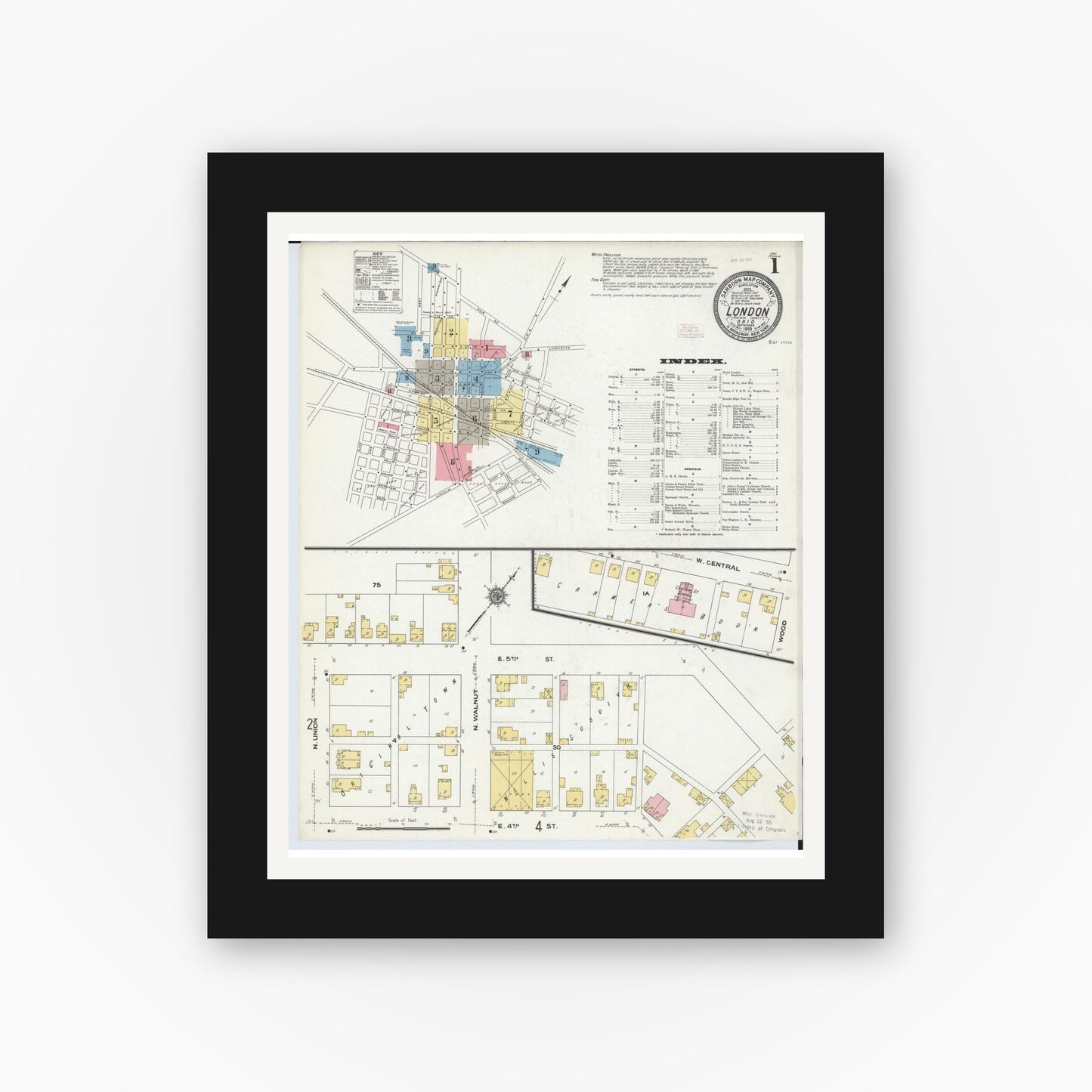 Old map wall art mockup — black gallery frame with white mat — Sanborn Fire Insurance Map from London, Madison County, Ohio (1910), Sheet #0001