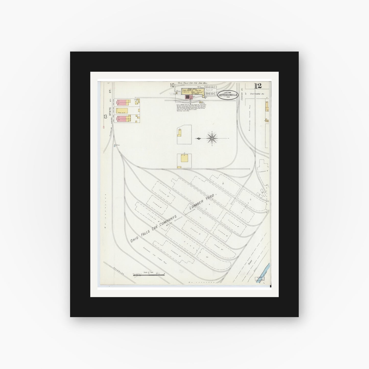 Old map wall art mockup — black gallery frame with white mat — Sanborn Fire Insurance Map from Jeffersonville, Clark County, Indiana (1898), Sheet #0012