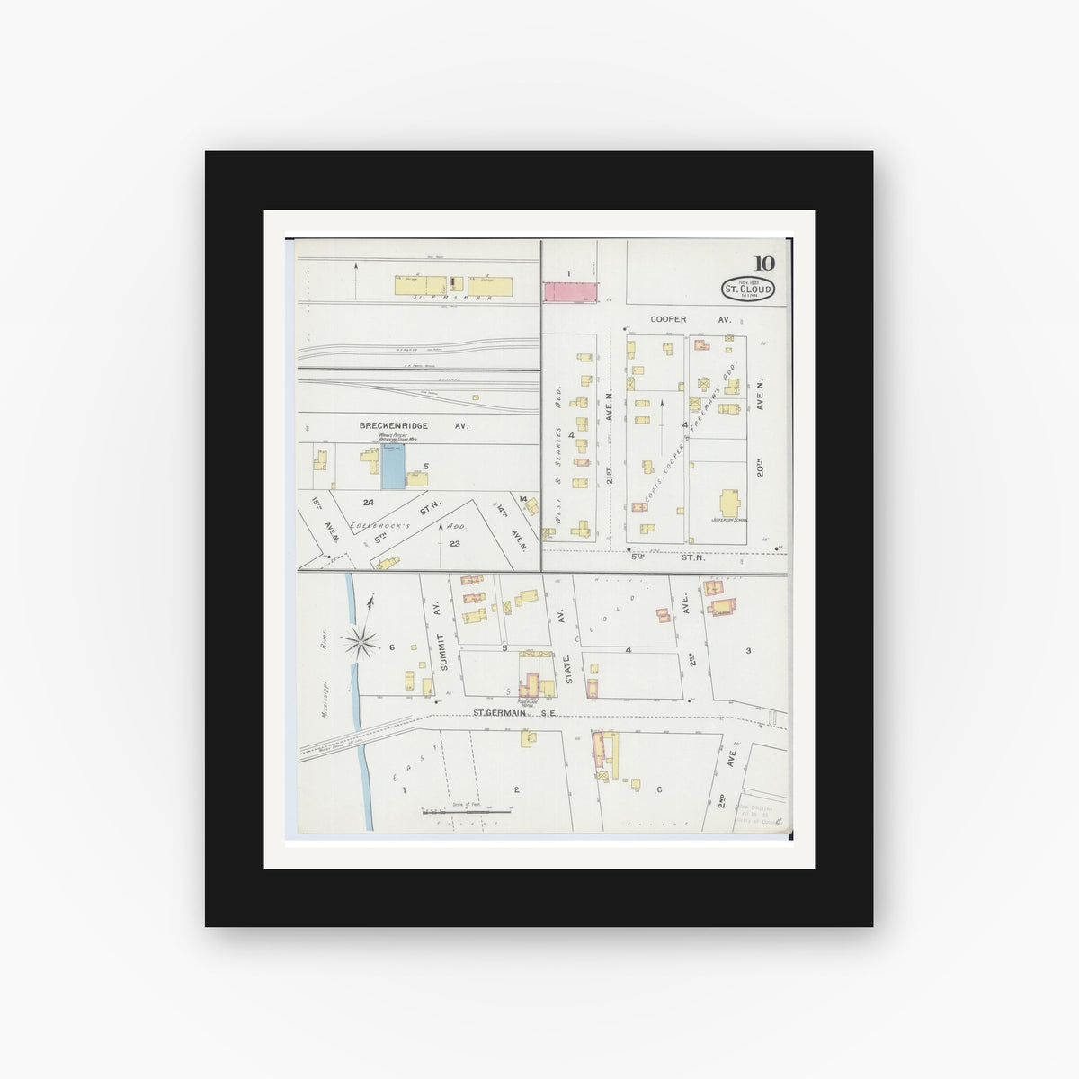 Old map wall art mockup — black gallery frame with white mat — Sanborn Fire Insurance Map from Saint Cloud, Stearns, Benton, and Sherburne Counties, Minnesota (1893), Sheet #0010