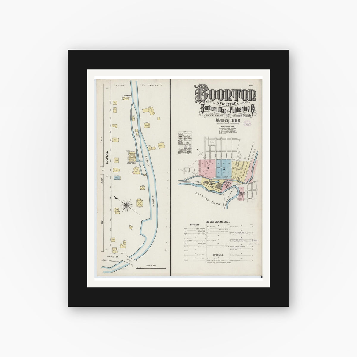 Old map wall art mockup — black gallery frame with white mat — Sanborn Fire Insurance Map from Boonton, Morris County, New Jersey (1886) - Complete Map Set