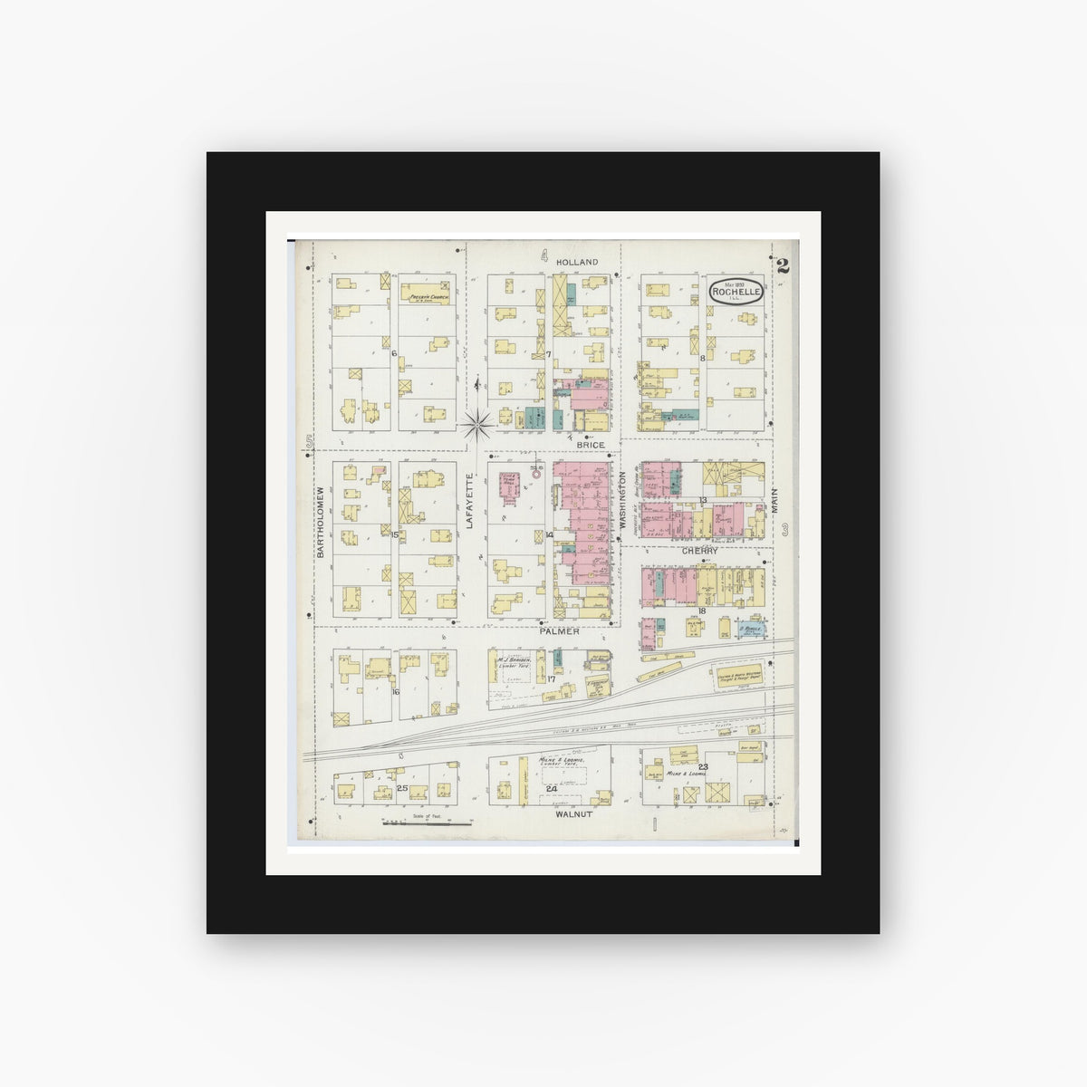 Old map wall art mockup — black gallery frame with white mat — Sanborn Fire Insurance Map from Rochelle, Ogle County, Illinois (1893), Sheet #0002