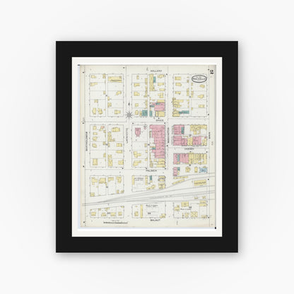 Old map wall art mockup — black gallery frame with white mat — Sanborn Fire Insurance Map from Rochelle, Ogle County, Illinois (1893), Sheet #0002