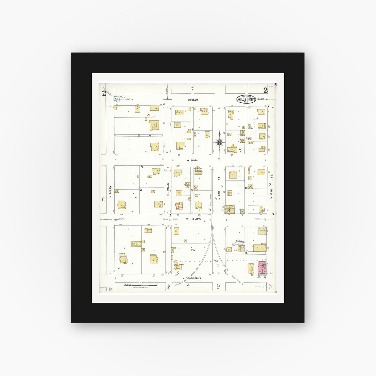 Old map wall art mockup — black gallery frame with white mat — Sanborn Fire Insurance Map from Wills Point, Van Zandt County, Texas (1923), Sheet #0002