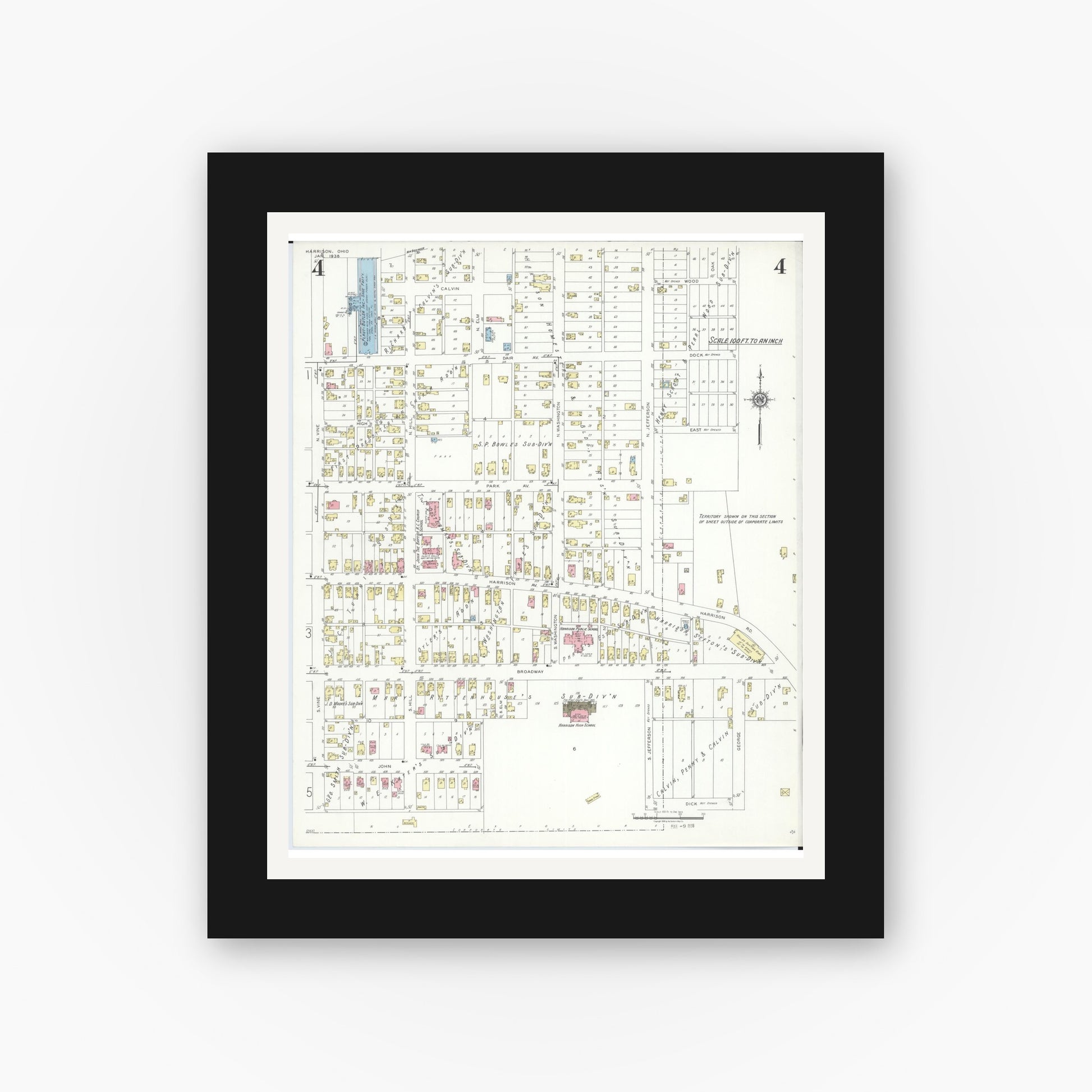 Old map wall art mockup — black gallery frame with white mat — Sanborn Fire Insurance Map from Harrison, Hamilton County, Ohio (1938), Sheet #0004