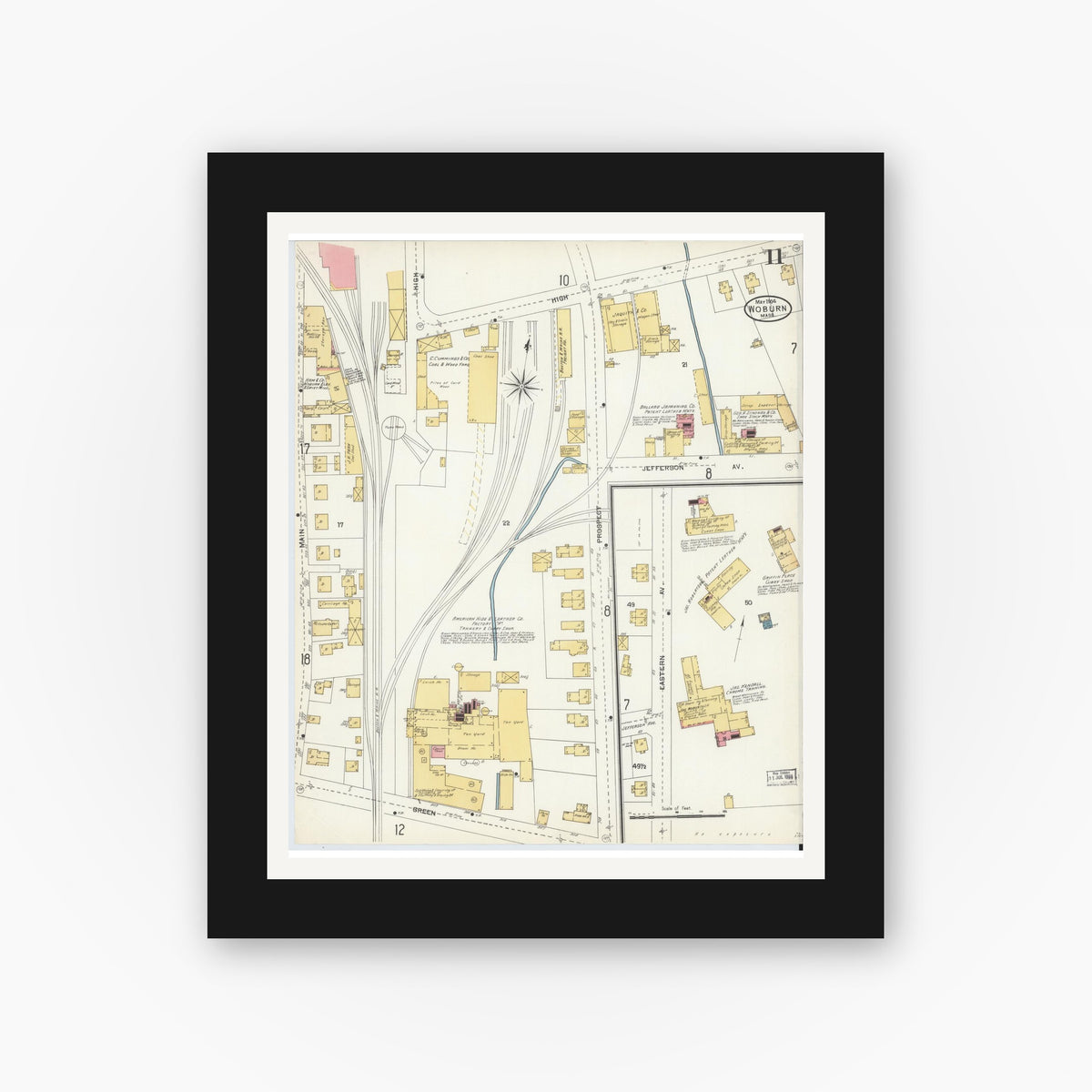 Old map wall art mockup — black gallery frame with white mat — Sanborn Fire Insurance Map from Woburn, Middlesex County, Massachusetts (1904), Sheet #0011