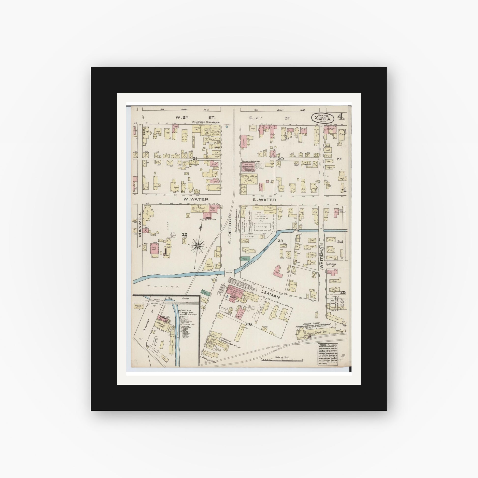 Old map wall art mockup — black gallery frame with white mat — Sanborn Fire Insurance Map from Xenia, Greene County, Ohio (1885), Sheet #0004