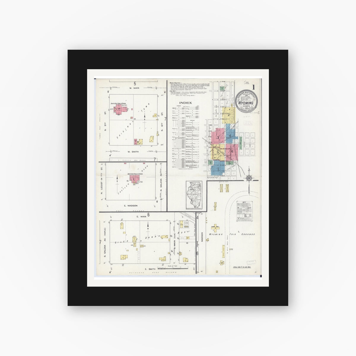 Old map wall art mockup — black gallery frame with white mat — Sanborn Fire Insurance Map from Wyoming, Stark County, Illinois (1913) - Complete Map Set