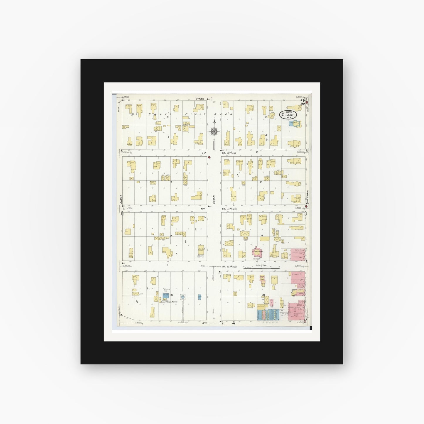 Old map wall art mockup — black gallery frame with white mat — Sanborn Fire Insurance Map from Clare, Clare County, Michigan (1910), Sheet #0002