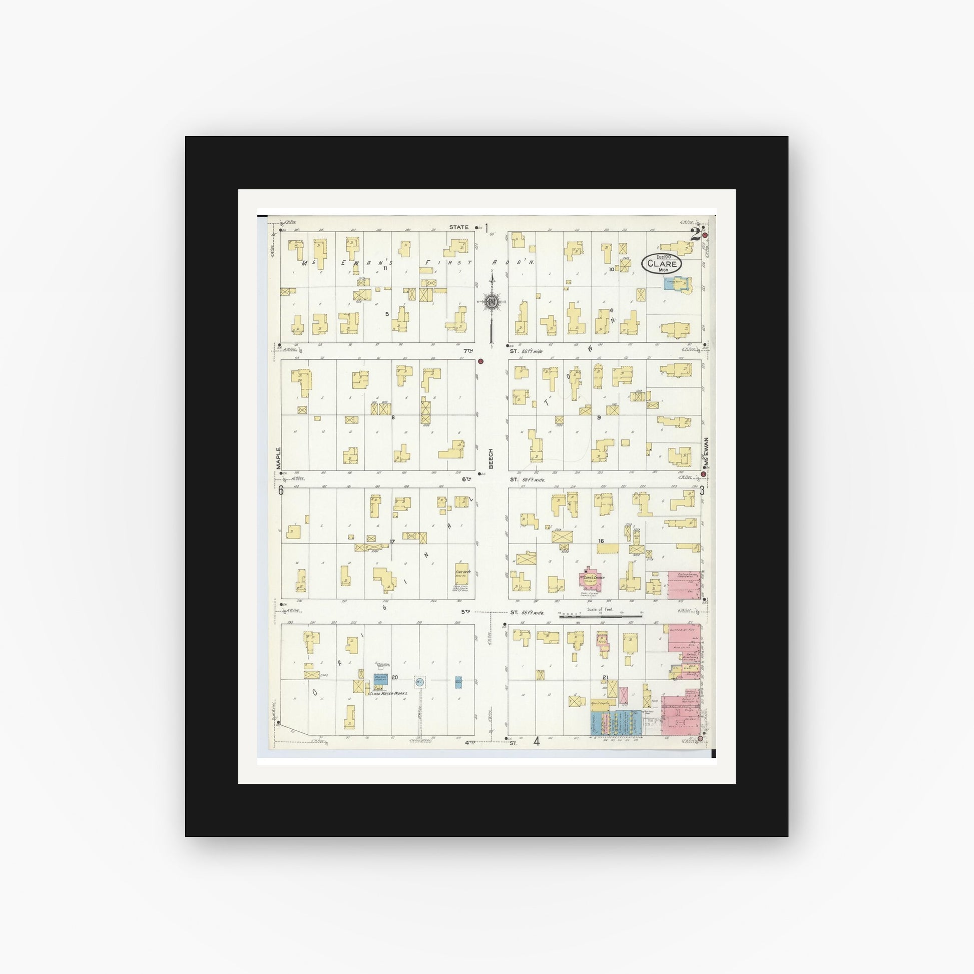 Old map wall art mockup — black gallery frame with white mat — Sanborn Fire Insurance Map from Clare, Clare County, Michigan (1910), Sheet #0002