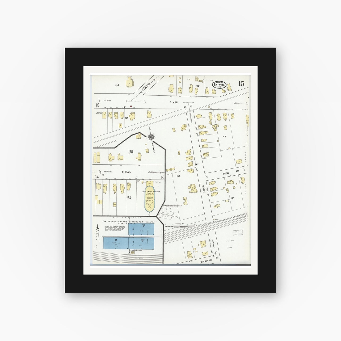 Old map wall art mockup — black gallery frame with white mat — Sanborn Fire Insurance Map from Batavia, Genesee County, New York (1919), Sheet #0015
