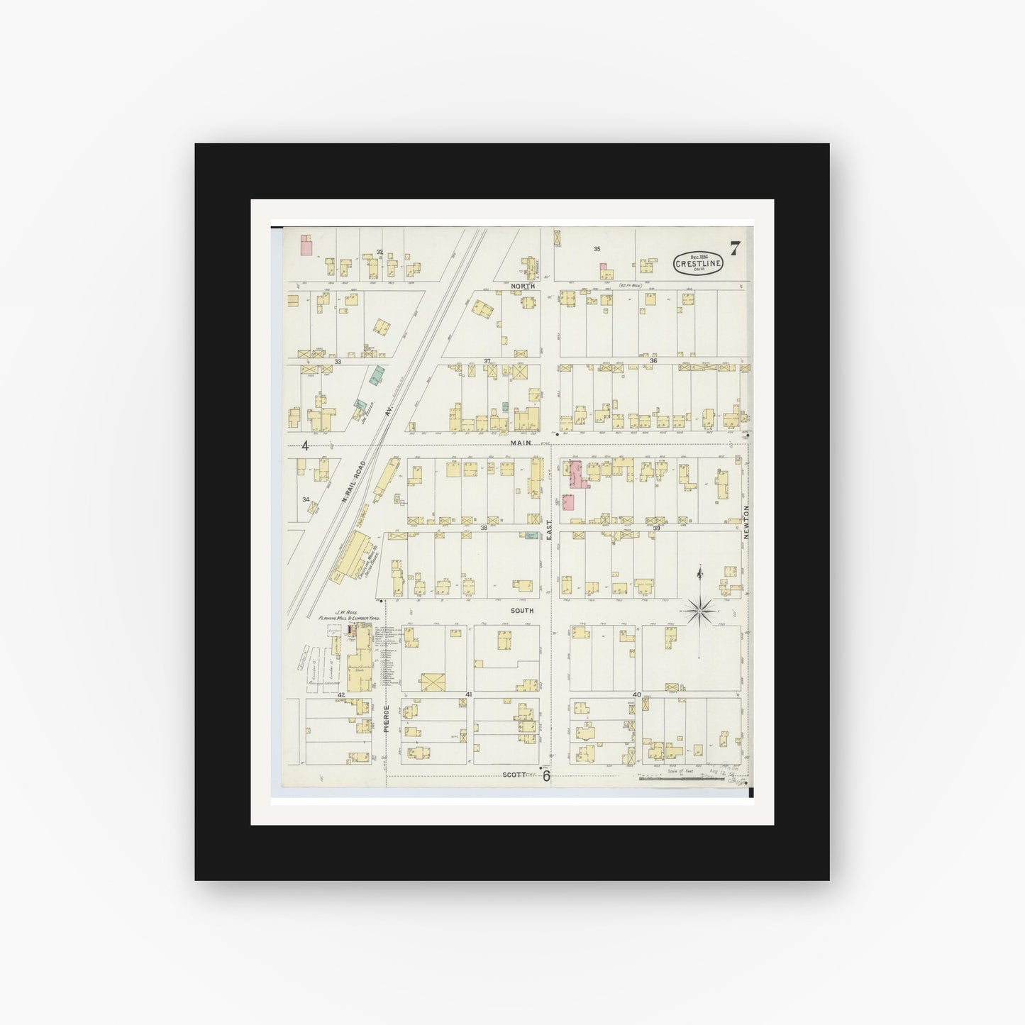 Old map wall art mockup — black gallery frame with white mat — Sanborn Fire Insurance Map from Crestline, Crawford County, Ohio (1896), Sheet #0007