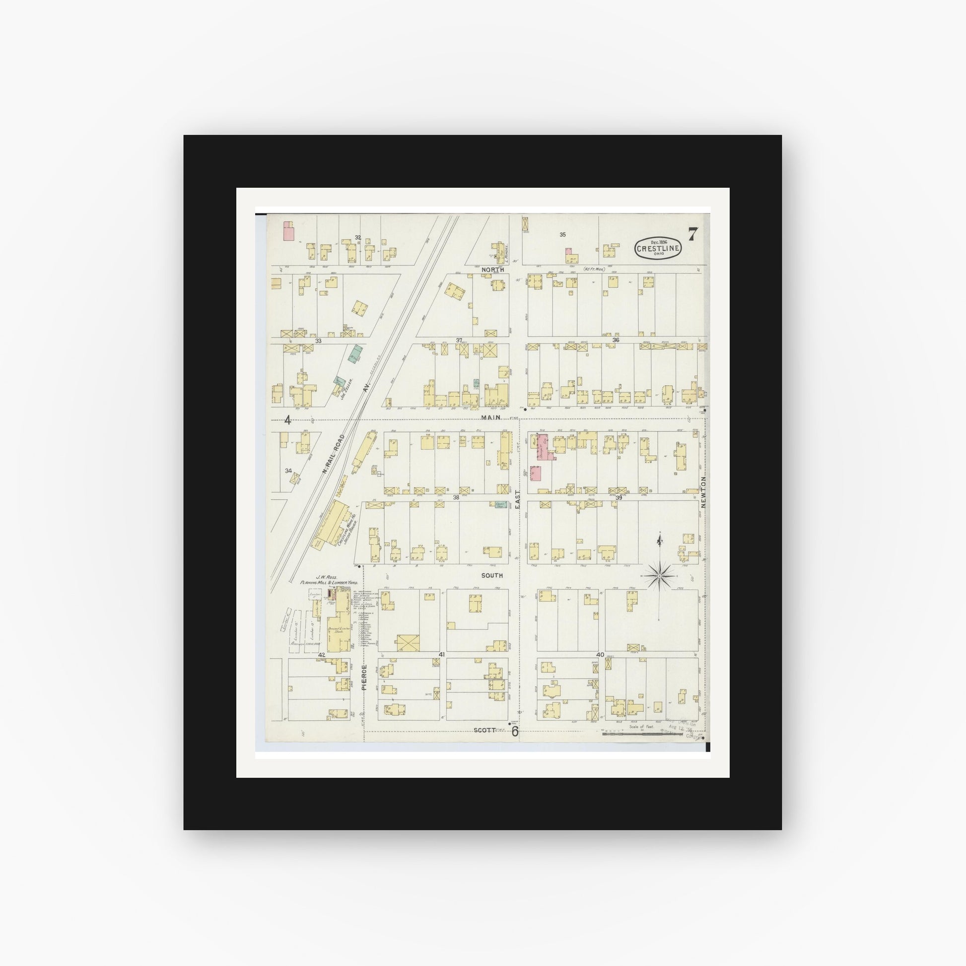 Old map wall art mockup — black gallery frame with white mat — Sanborn Fire Insurance Map from Crestline, Crawford County, Ohio (1896), Sheet #0007