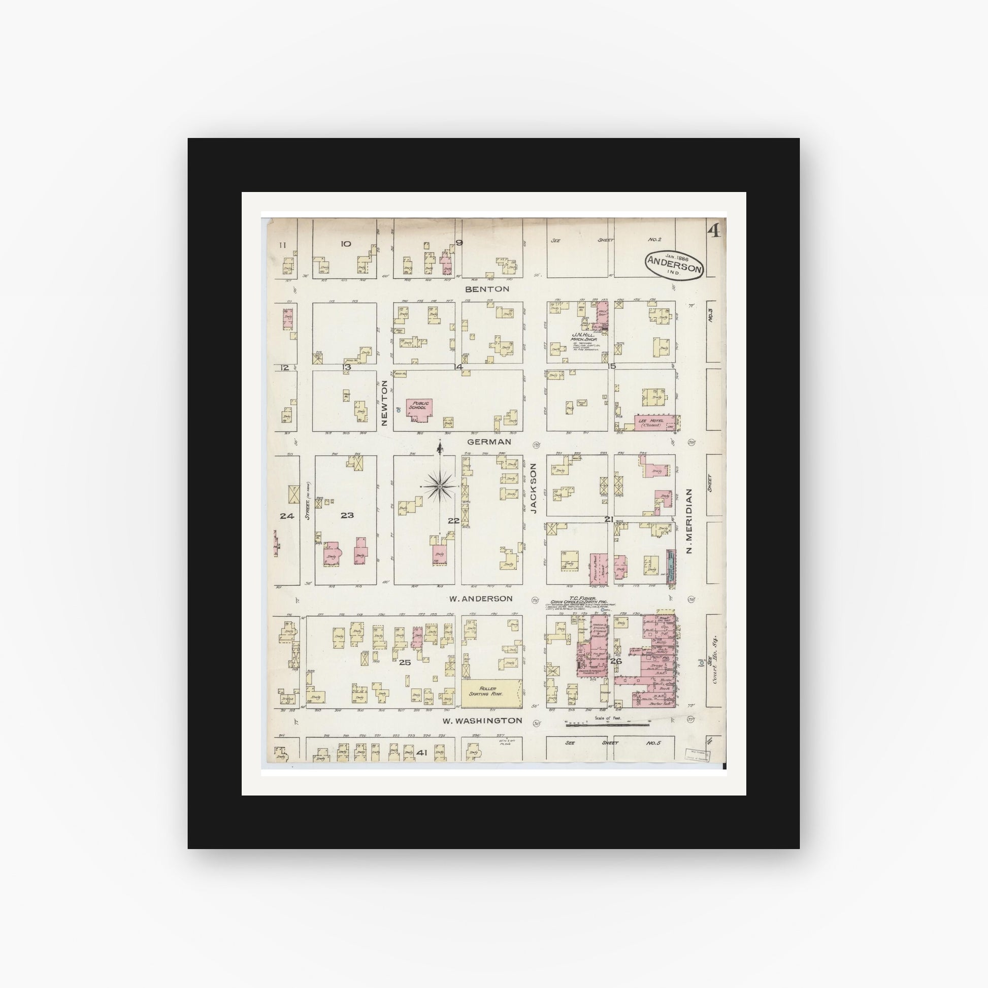 Old map wall art mockup — black gallery frame with white mat — Sanborn Fire Insurance Map from Anderson, Madison County, Indiana (1886), Sheet #0004