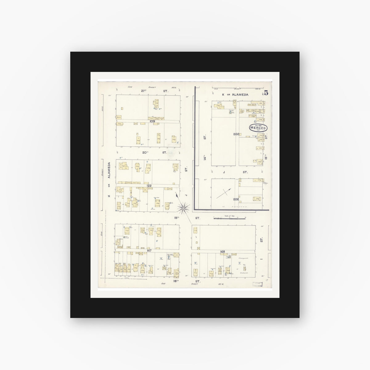 Old map wall art mockup — black gallery frame with white mat — Sanborn Fire Insurance Map from Merced, Merced County, California (1888), Sheet #0005