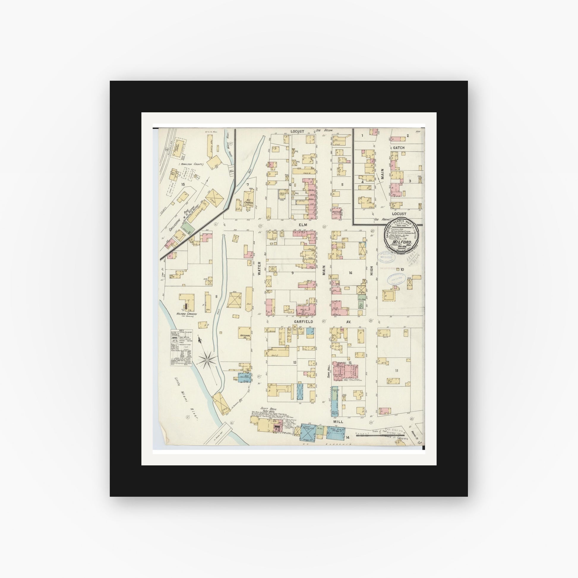 Old map wall art mockup — black gallery frame with white mat — Sanborn Fire Insurance Map from Milford, Clermont And Hamilton County, Ohio (1898), Sheet #0001