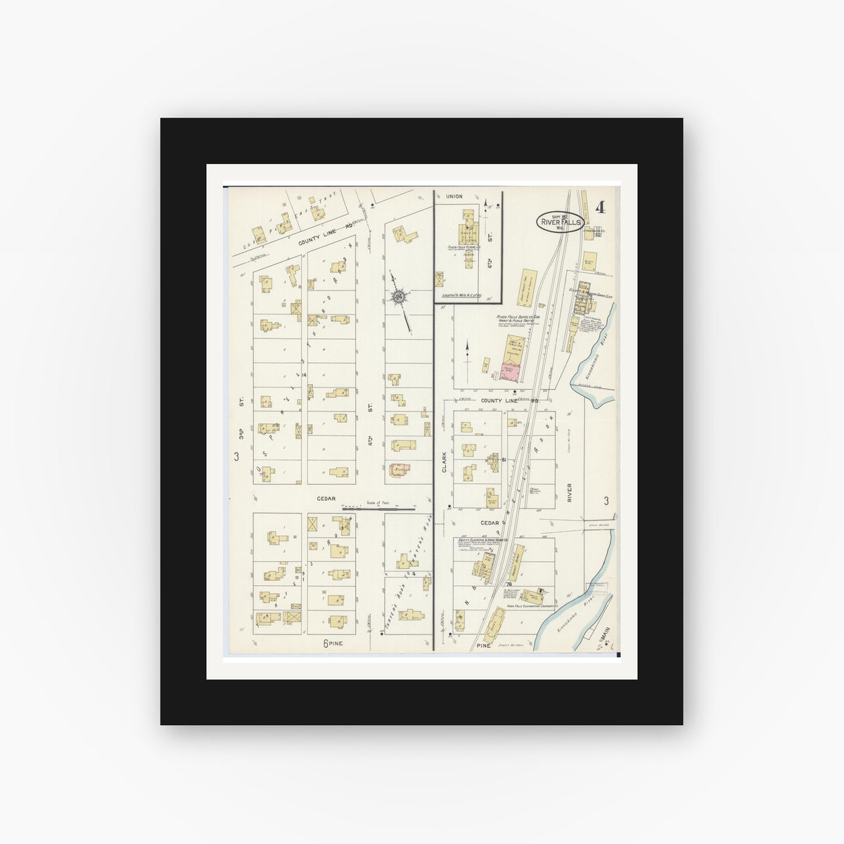 Old map wall art mockup — black gallery frame with white mat — Sanborn Fire Insurance Map from River Falls, St. Croix and Pierce Counties, Wisconsin (1912), Sheet #0004