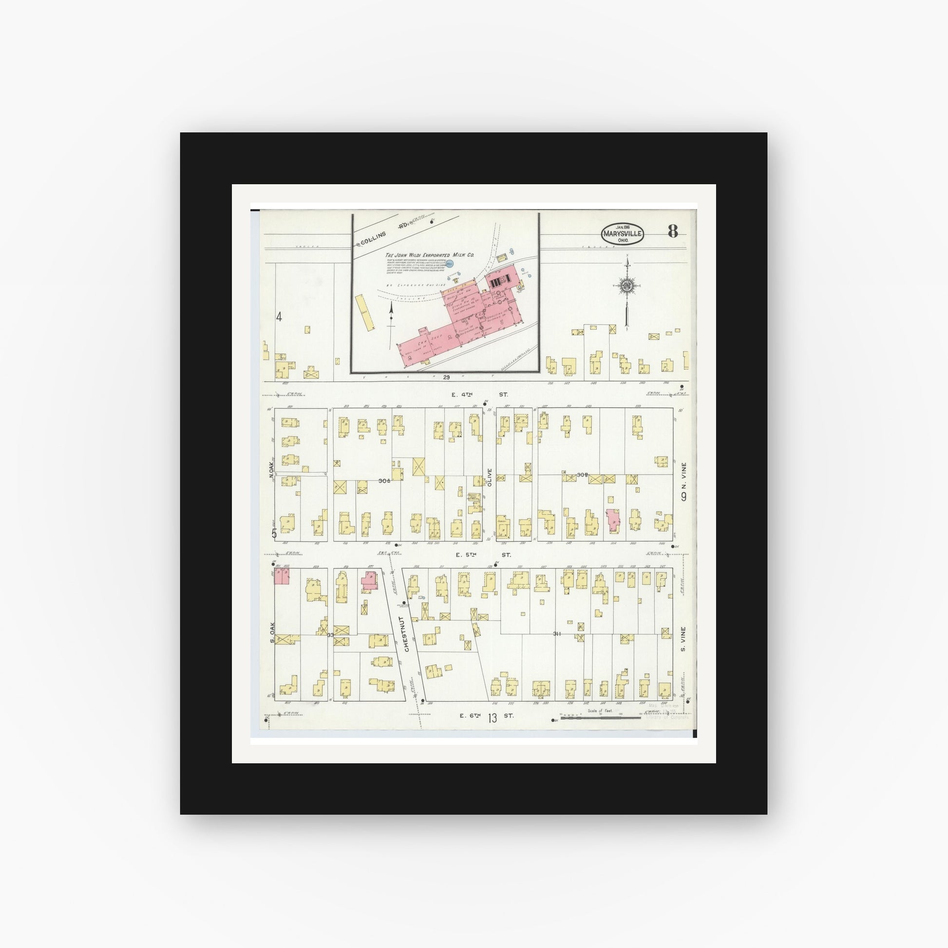 Old map wall art mockup — black gallery frame with white mat — Sanborn Fire Insurance Map from Marysville, Union County, Ohio (1916), Sheet #0008