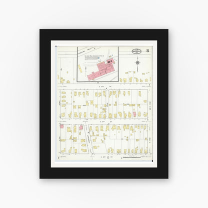 Old map wall art mockup — black gallery frame with white mat — Sanborn Fire Insurance Map from Marysville, Union County, Ohio (1916), Sheet #0008