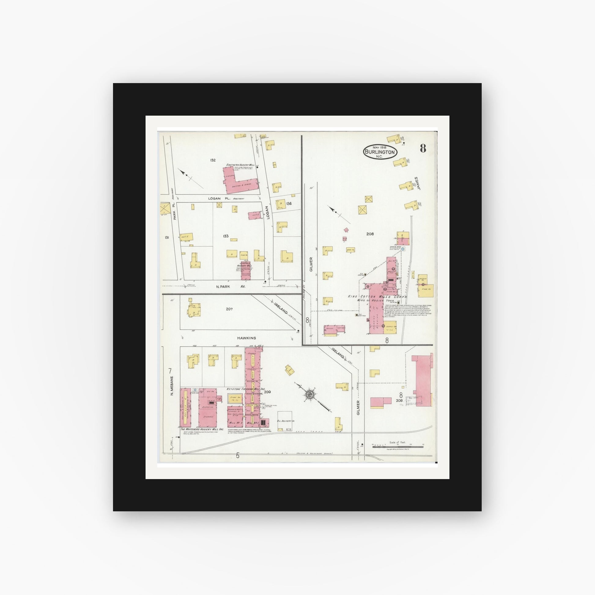 Old map wall art mockup — black gallery frame with white mat — Sanborn Fire Insurance Map from Burlington, Alamance County, North Carolina (1918), Sheet #0008