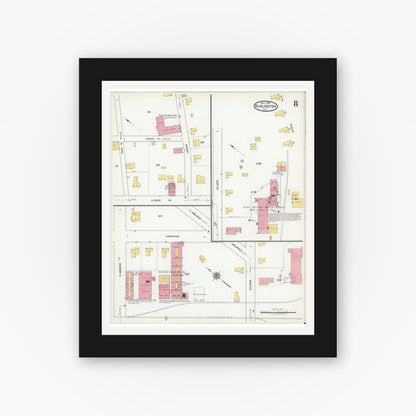 Old map wall art mockup — black gallery frame with white mat — Sanborn Fire Insurance Map from Burlington, Alamance County, North Carolina (1918), Sheet #0008