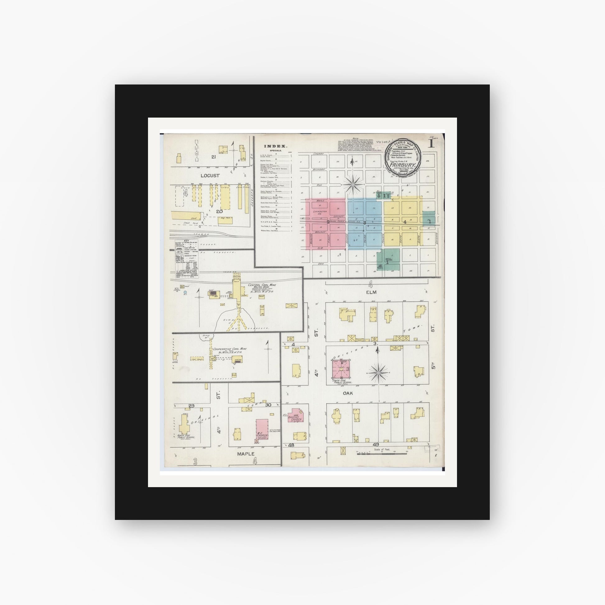 Old map wall art mockup — black gallery frame with white mat — Sanborn Fire Insurance Map from Fairbury, Livingston County, Illinois (1892) - Complete Map Set