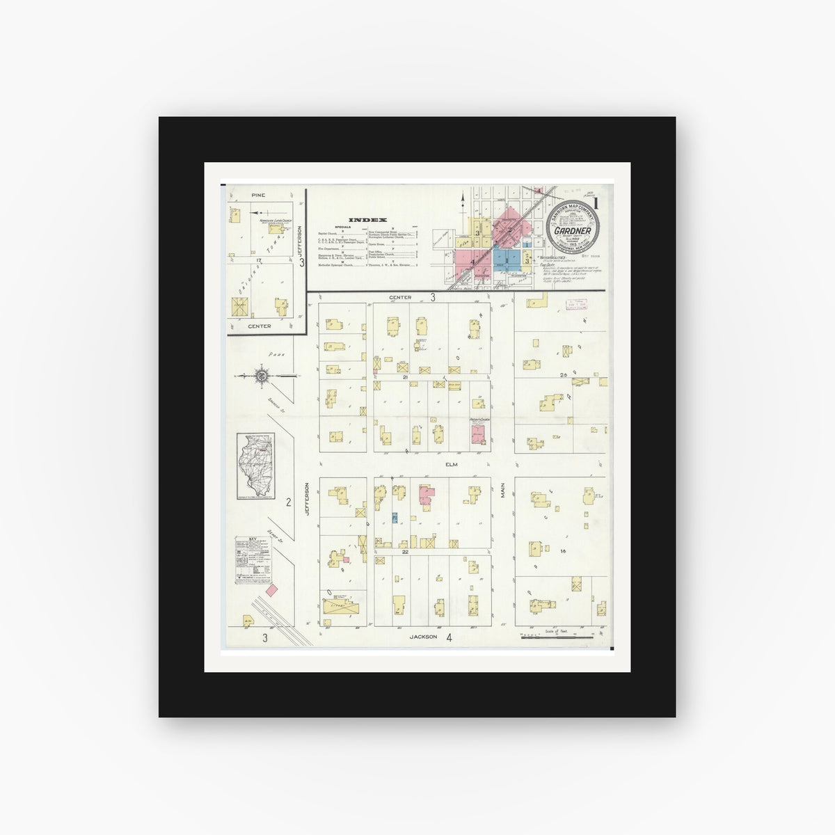 Old map wall art mockup — black gallery frame with white mat — Sanborn Fire Insurance Map from Gardner, Grundy County, Illinois (1913) - Complete Map Set