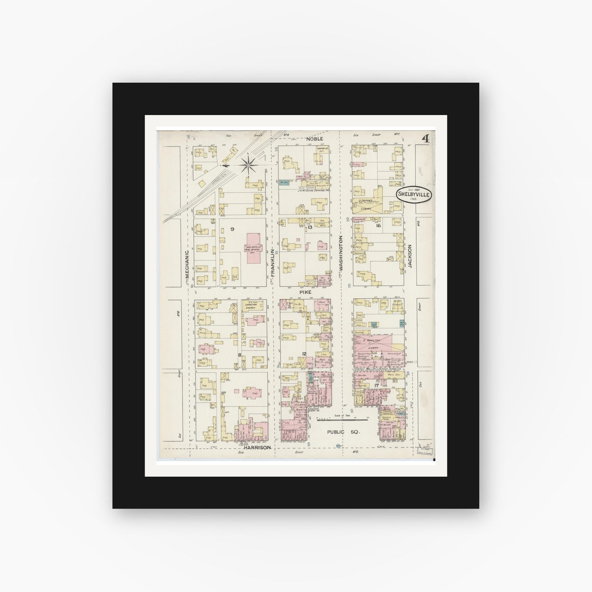 Old map wall art mockup — black gallery frame with white mat — Sanborn Fire Insurance Map from Shelbyville, Shelby County, Indiana (1887), Sheet #0004