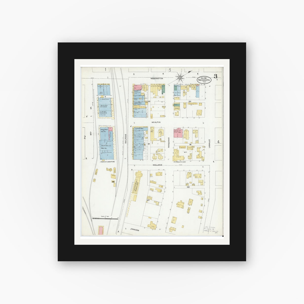 Old map wall art mockup — black gallery frame with white mat — Sanborn Fire Insurance Map from Navasota, Grimes County, Texas (1906), Sheet #0003