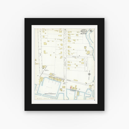 Old map wall art mockup — black gallery frame with white mat — Sanborn Fire Insurance Map from Sayville, Suffolk County, New York (1915), Sheet #0015