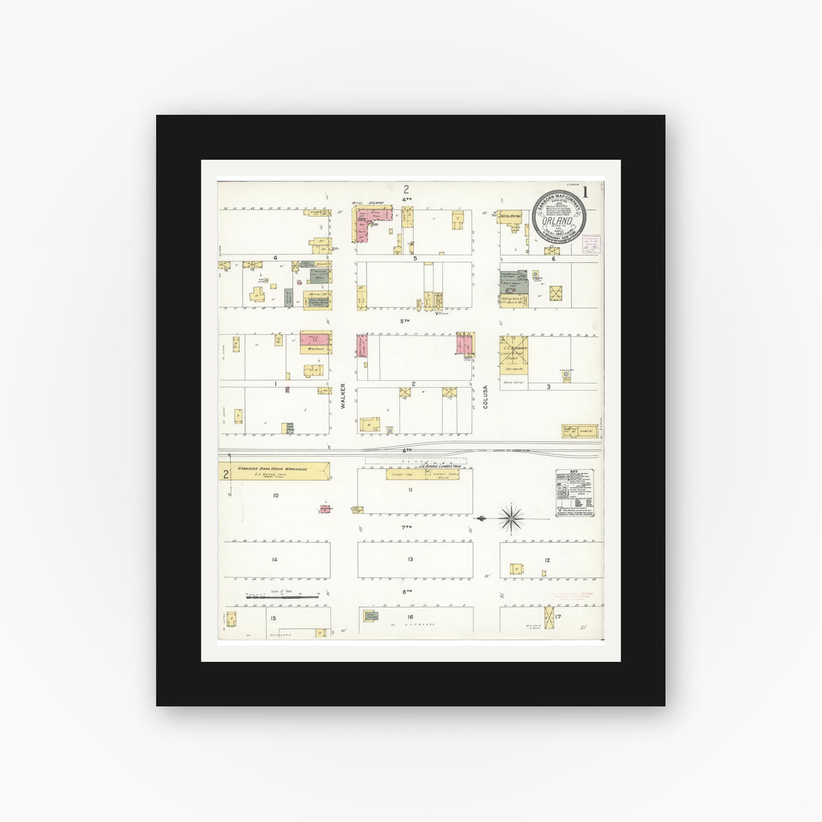 Old map wall art mockup — black gallery frame with white mat — Sanborn Fire Insurance Map from Orland, Glenn County, California (1907) - Complete Map Set