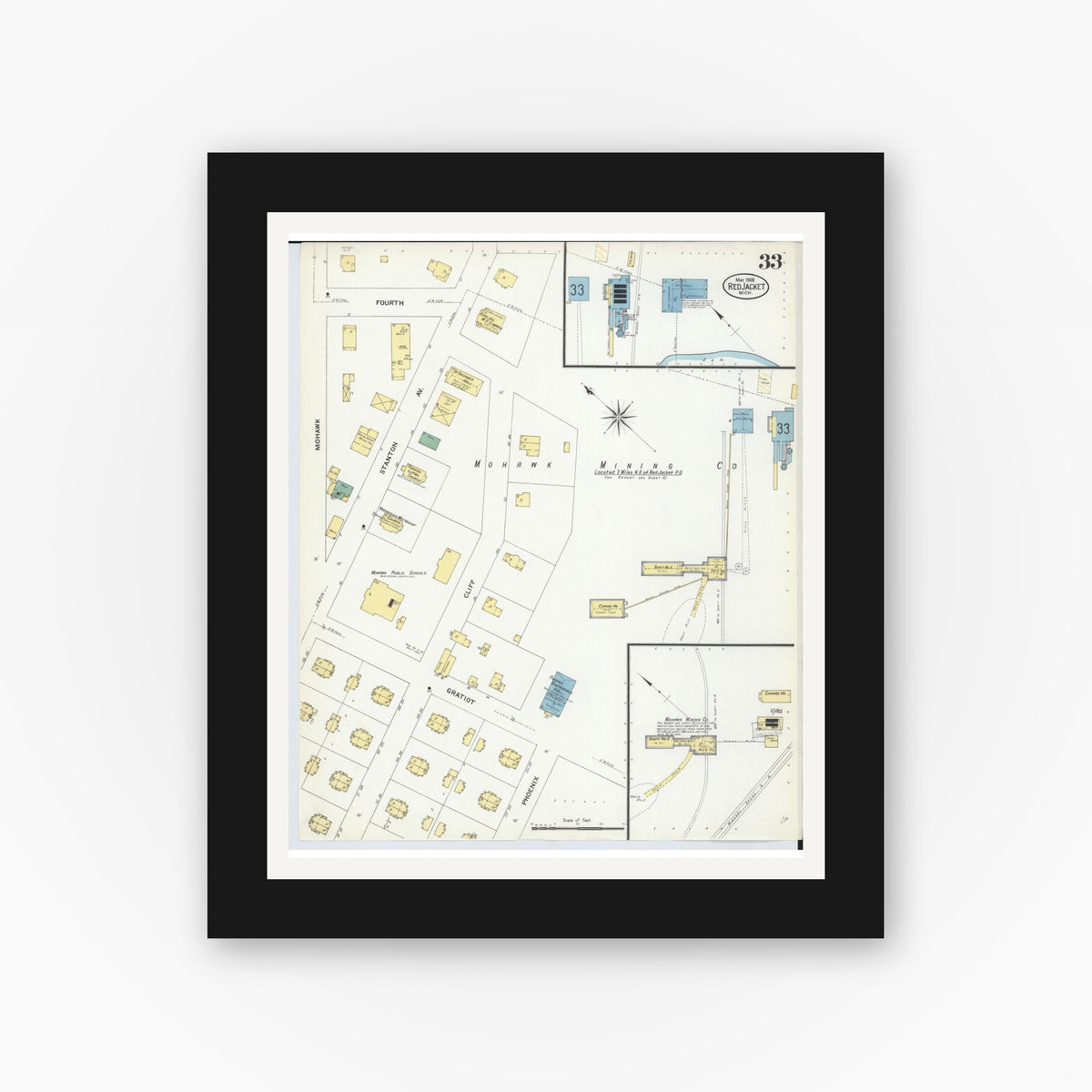 Old map wall art mockup — black gallery frame with white mat — Sanborn Fire Insurance Map from Red Jacket, Houghton County, Michigan (1908), Sheet #0033
