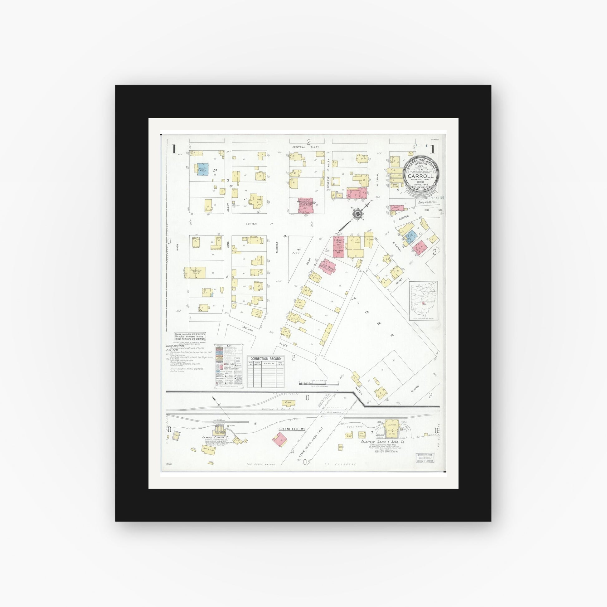 Old map wall art mockup — black gallery frame with white mat — Sanborn Fire Insurance Map from Carroll, Fairfield County, Ohio (1946), Sheet #0001