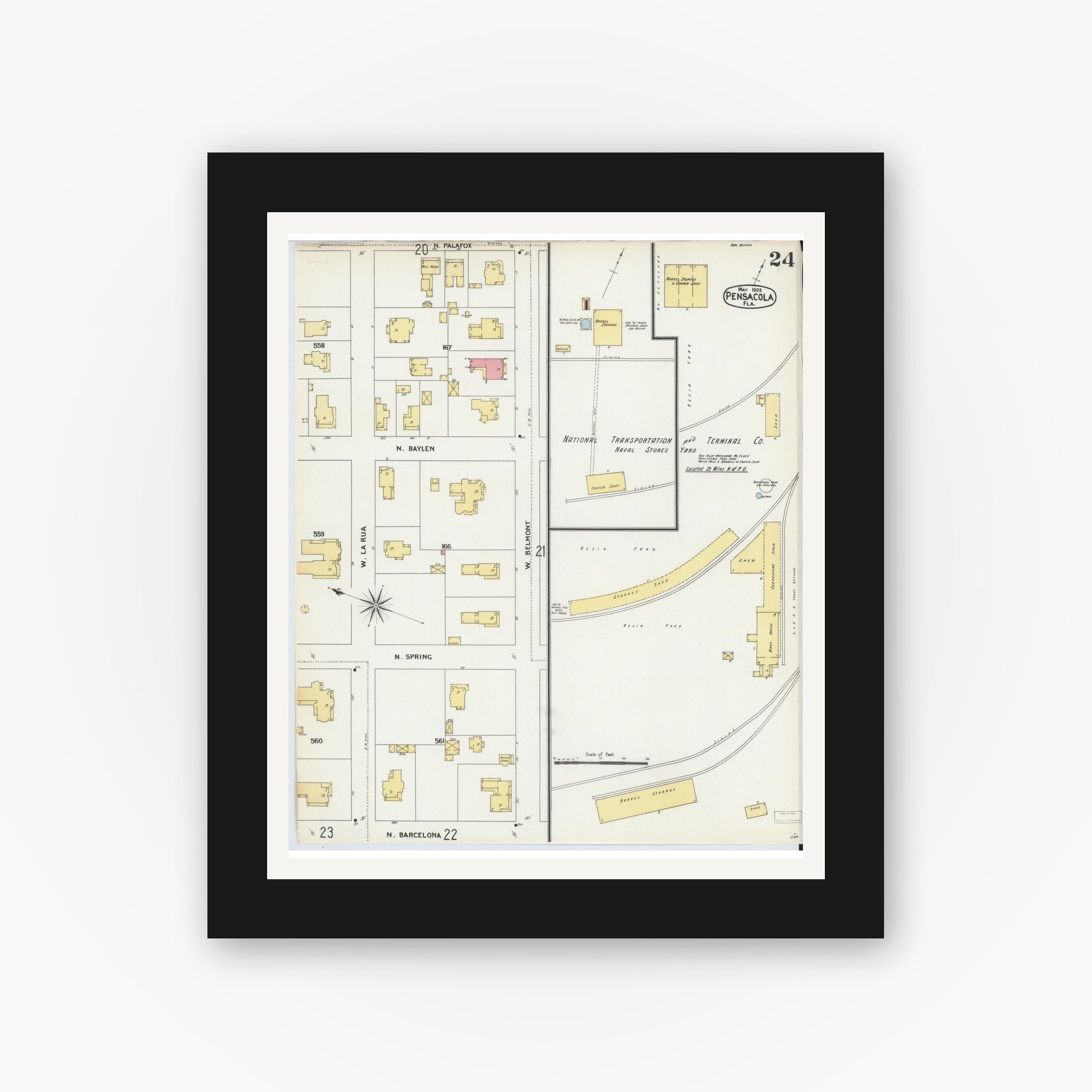 Old map wall art mockup — black gallery frame with white mat — Sanborn Fire Insurance Map from Pensacola, Escambia County, Florida (1903), Sheet #0024