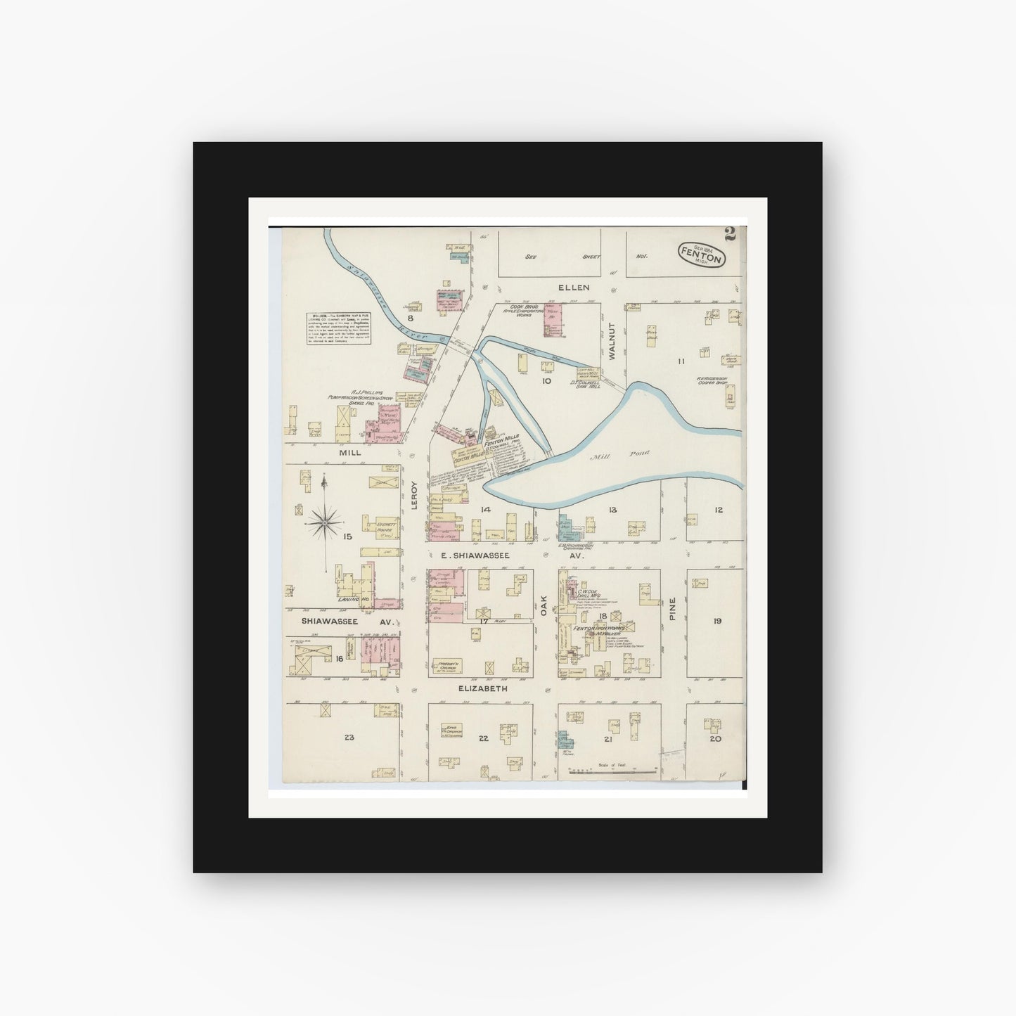Old map wall art mockup — black gallery frame with white mat — Sanborn Fire Insurance Map from Fenton, Genesee County, Michigan (1884), Sheet #0002